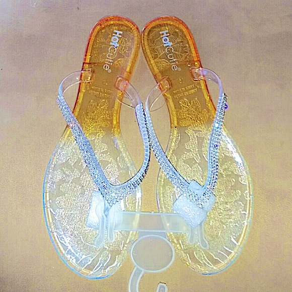 hot cutie Shoes - Beautiful honey yellow and clear bling flip flops